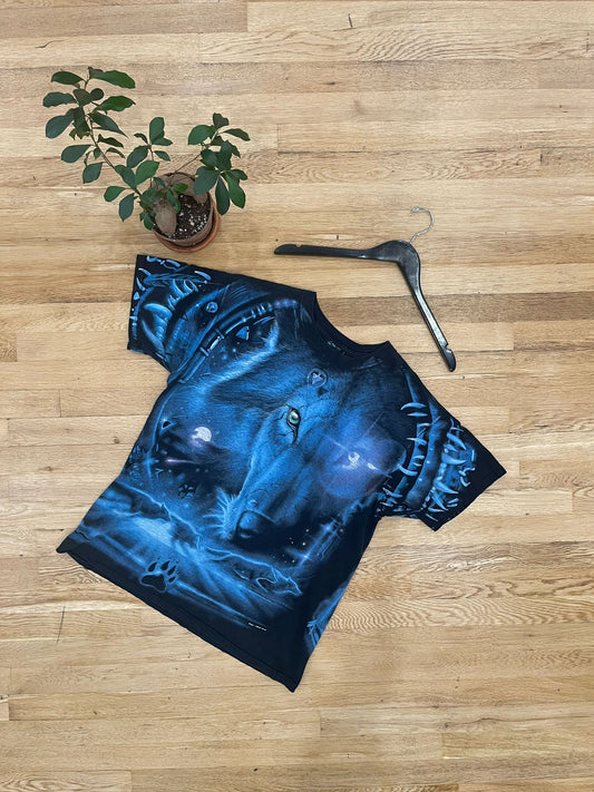 Y2K Liquid Blue AOP Wolf Tee